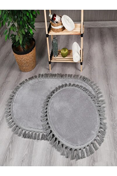 LİNOS HOME Plush Oval Pompom Fringed Toilet Set Modern Carpet Bath Mat