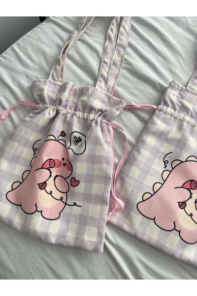 Planet Butik Kawaii Pink Dino Drawstring Cloth Bag