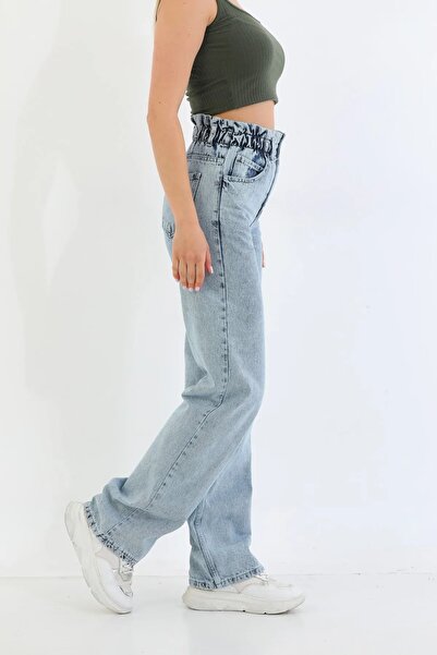 MAKRAS EXCLUSIVE Le Lis Belt Gathered Lycra High Waist Loose Denim Trousers Wide Leg Jean