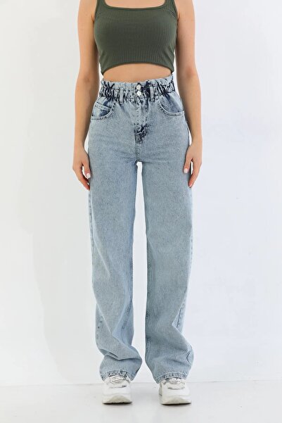 MAKRAS EXCLUSIVE Le Lis Belt Gathered Lycra High Waist Loose Denim Trousers Wide Leg Jean