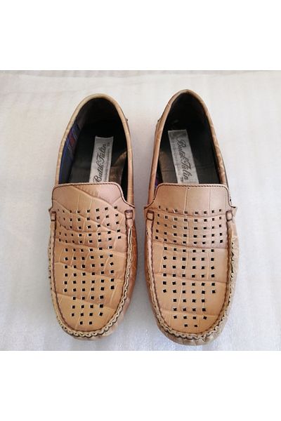 Butik Tülin Unisex genuine leather croco print mustard perforated hand-stitched lightweight soft rubber snap sole loafer