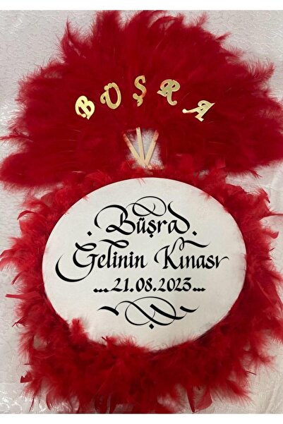 Evsay Isme Özel Kına Yelpazesi Ve Gelin Tefi Seti Otrişli Deri Tef Vurmalı Çalgı Def Kırmızı