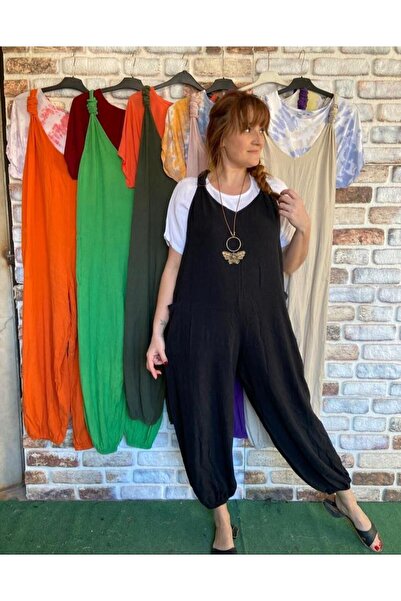 NUR TEKSTİL kadın siyah keten arkası ayarlana bilen salaş tulum