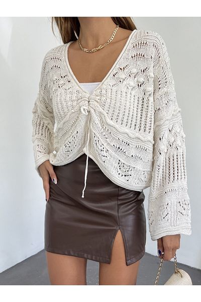 LE CARAMBOLE Women's Ecru Embossed Patterned Knitwear Cardigan