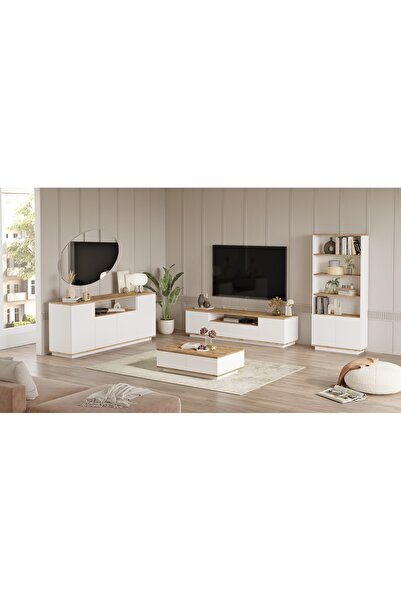 L'occi Concept Delphin Kapaklı Tv Ünitesi Orta Sehpa Konsol Kitaplık 4'Lü Set Çam-Beyaz DLP19-AW