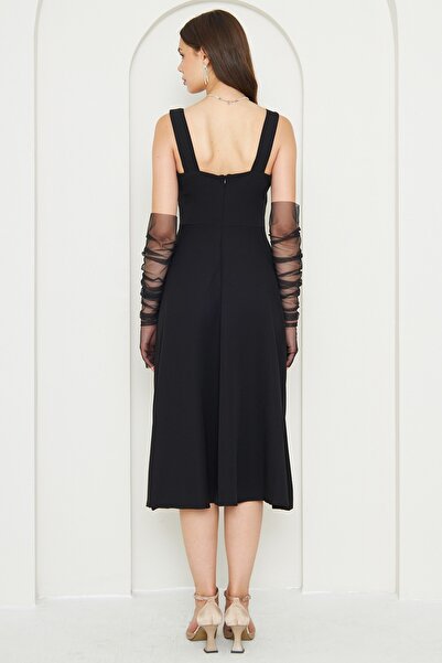 vuvutasarım Atlas υφασμάτινο τετράγωνο λαιμόκοψη Midi μήκους φαρδύ μαύρο βραδινό φόρεμα αποφοίτησης 151