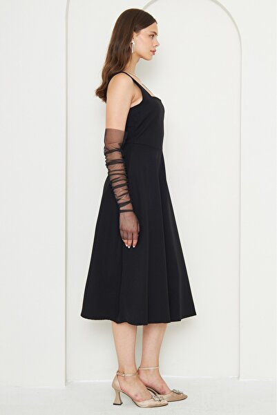 vuvutasarım Atlas υφασμάτινο τετράγωνο λαιμόκοψη Midi μήκους φαρδύ μαύρο βραδινό φόρεμα αποφοίτησης 151