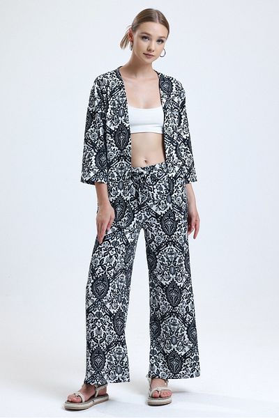 MD trend Women's Black Floral Patterned Wide Leg Trousers Kimono Set