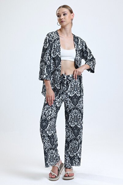 MD trend Women's Black Floral Patterned Wide Leg Trousers Kimono Set