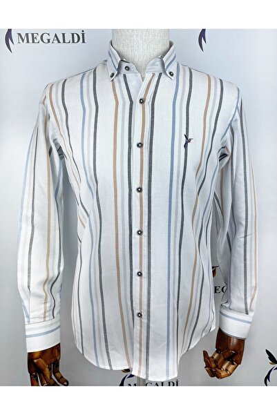 MEGALDİ Erkek Slim Fit Siyah Çizgili Uzun Kollu Gömlek