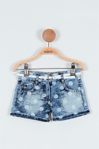 Genel Markalar Kadın Mavi Puan Baskılı Kemer Detaylı Kot Kız Bebe Şort