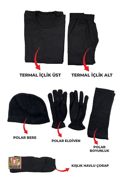 Asker Kolisi Μαύρο Σετ Θερμικά Εσώρουχα Fleece Beanie Λαιμόκοψη Γάντια Πετσέτες Κάλτσες -
