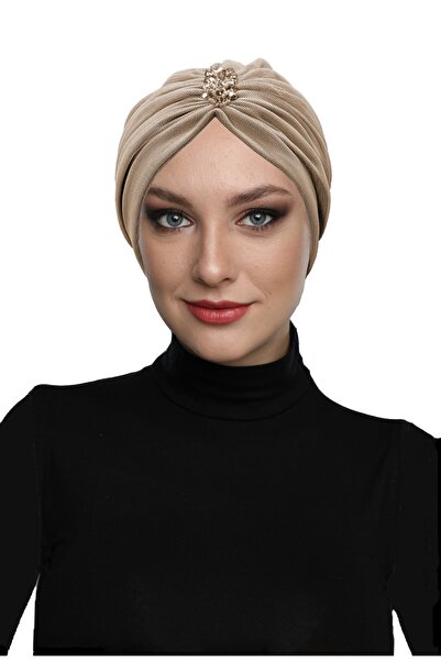 fidan bone Dizayn Tüllü Kristal Taş İşlemeli Çift Taraflı Astarlı Bej Hazır T...