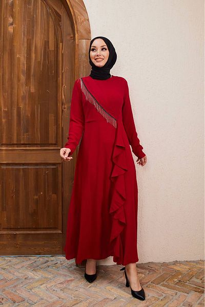 Neşeli Butik γυναικεία αλυσίδα λεπτομερές εισαγόμενο υφασμάτινο φόρεμα SMS029