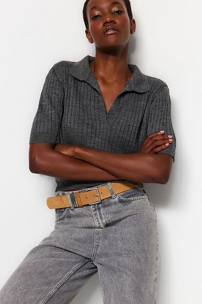 Trendyol Collection Anthracite Crop Basic Knitwear and T-Shirt Set