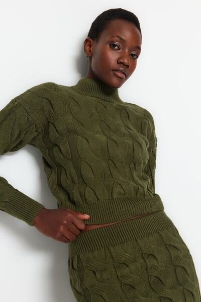 Trendyol Collection Khaki Crop állvány galléros szoknya kötöttáru alsó felső szett TWOAW24AU00049