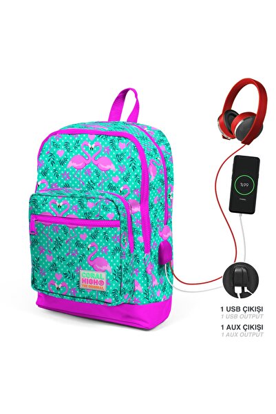 Coral High Kids Su Yeşili Pembe Flamingo Desenli Dört Bölmeli Usb'li Okul Sır...