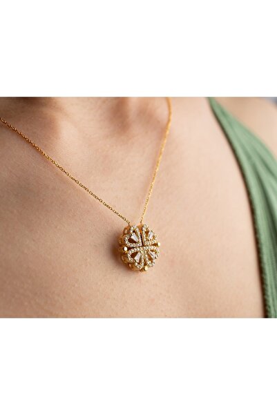 Şimal Silver 925 Ayar Gold Zirkon Taşlı Açılan Kalp Gümüş Kolye