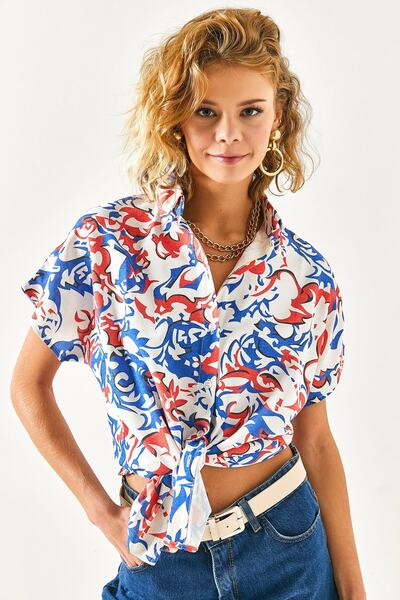 Olalook Women's Motif Saks Blue Bat Linen Blended Shirt GML-19001121