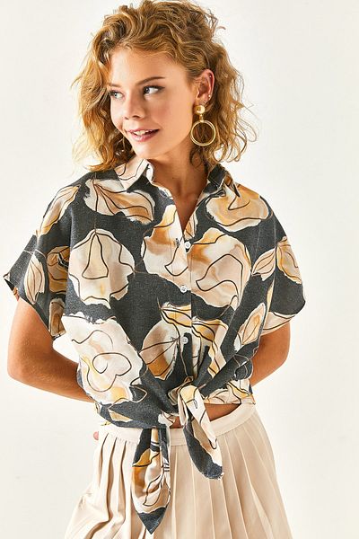 Olalook Damen Batik Schwarzes Fledermaus Leinen-Mischgewebe Hemd GML-19001121