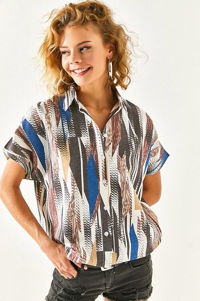 Olalook Women's Wave Brown Bat Linen Blended Shirt GML-19001121