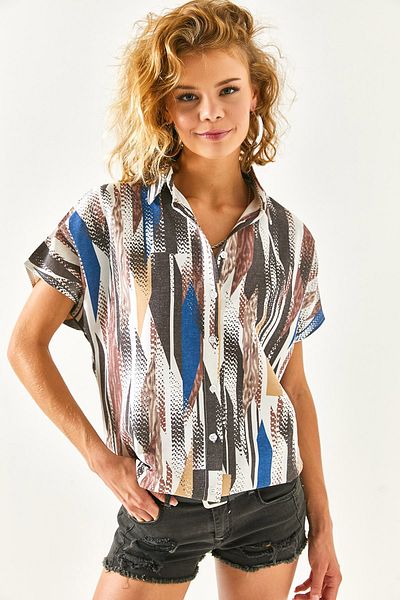 Olalook Women's Wave Brown Bat Linen Blended Shirt GML-19001121