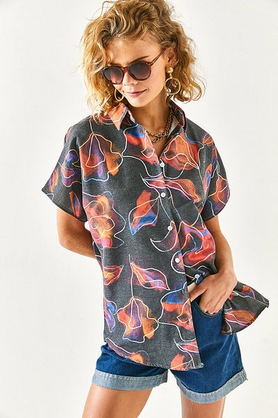 Olalook Batik-Hemd aus Leinenmischung mit mehrfarbigem Fledermausmotiv für Damen GML-19001121