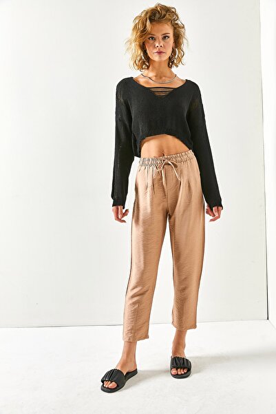 Olalook Γυναικείο λινό παντελόνι Milk Coffee ελαστική μέση με 4 μπατζάκια λεπτομερή λινό παντελόνι PNT-19000240