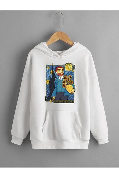 DEEPSENCE Unisex White Hooded Sweatshirt Van Gogh Front Printed cotton