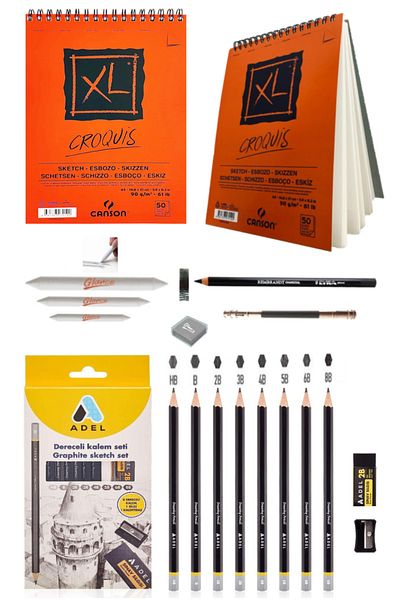 GLANCE Canson XL A5 Sketch Notebook with Charcoal Adel Graduated Pencil Set 8 Pieces Drawing Sketch Set