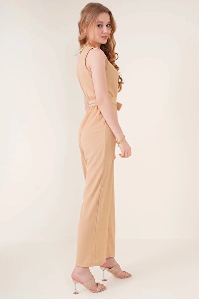 hazelin Women's Cream Waist Elastic Deep Double Breasted V-Neck Belted Knitted Jumpsuit HZL22S-BD170211