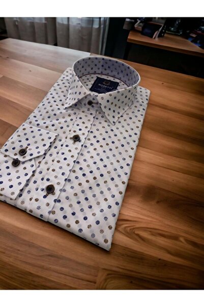 ROSETTİ Λευκό πουκάμισο Rosetti με κρυφό γιακά με κουμπιά Navy Blue Brown Dots Slim Fit