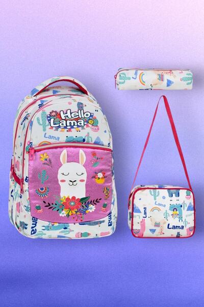 Uniquerrs Σετ 3 τεμαχίων σχολικής τσάντας για κορίτσια με σχέδιο Λάμα, με θήκ...