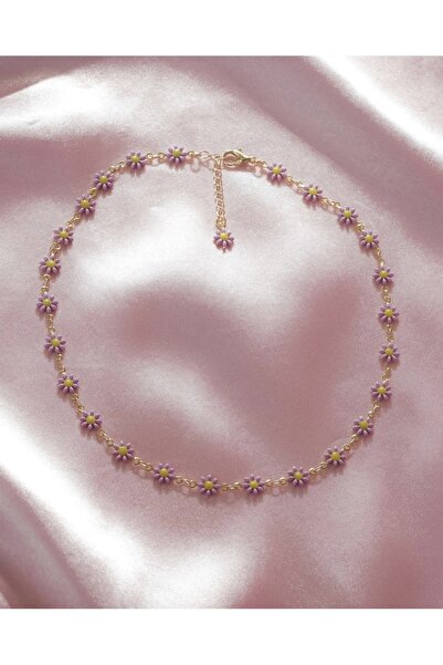 Claritas Takı Kadın Altın Kaplama Mor Mineli Papatya Choker Kolye