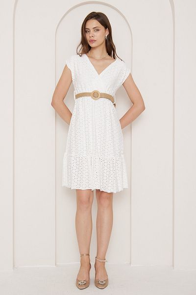 lovebox Rochie albă cu guler dublu din țesătură flexibilă căptușită cu centură Cadou 085