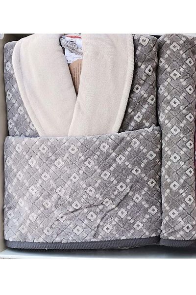 Özdilek Diamond Soft Family Bathrobe Set Grey-Claret Red