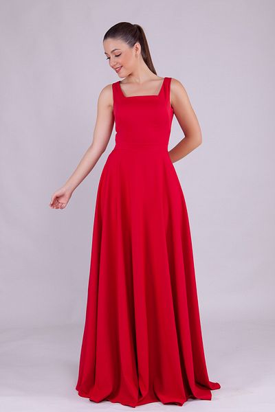 NO48 Red Square Collar Sleeveless Wide Strap Woven Draped Fabric Maxi Length Flared Evening Dress