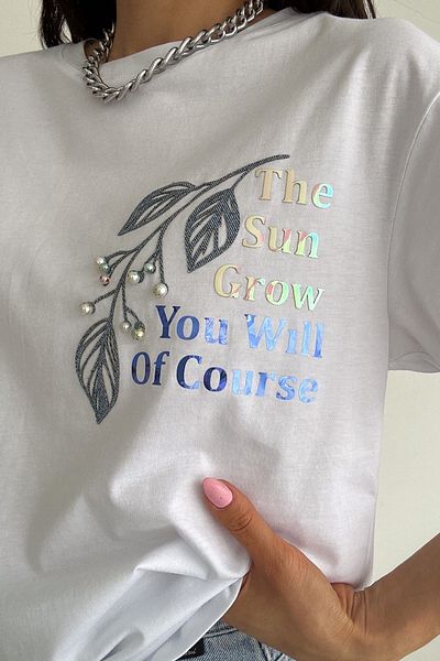 FEMELLE Women's White New Season Beaded Embroidered and Gilded Text Detailed Cotton T-Shirt