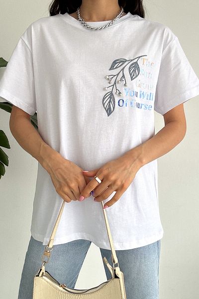 FEMELLE Women's White New Season Beaded Embroidered and Gilded Text Detailed Cotton T-Shirt