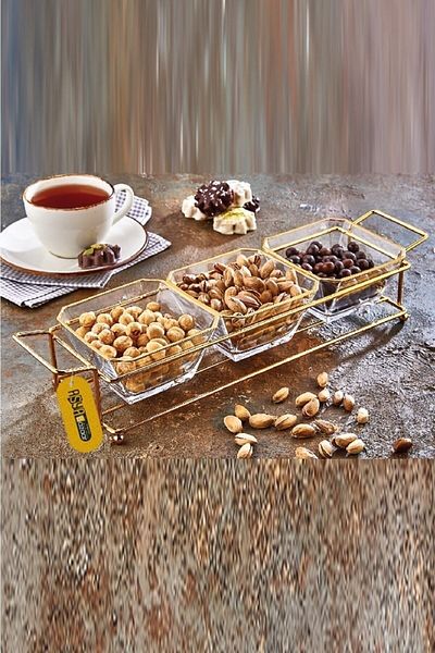 Vip&House 3 Compartment Glass Breakfast Snack Bowl with Gold Stand