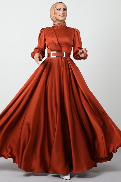 Giza Giyim Brick Color Pleated Hijab Evening Dress