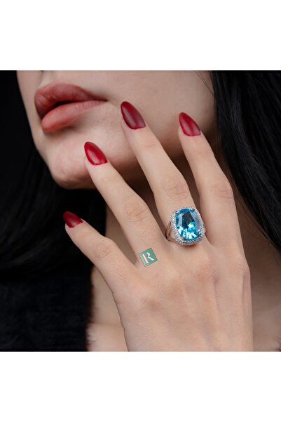 RevSilver Kadın Gümüş Yüzük 925 Ayar Mavi Akuamarin Taşı Lüks Büyük Yüzükler ...