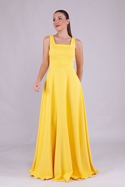 NO48 Sarı Kare Yaka Kolsuz Geniş Askılı Dokuma Dökümlü Kumaş Maxi Boy Kloş Ab...