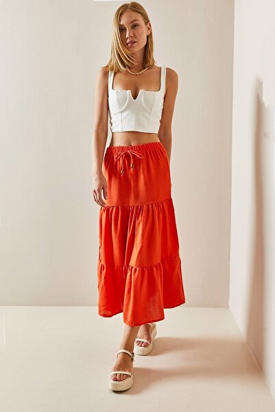 XHAN Orange Flounce Maxi Skirt 3YXK7-47440-11