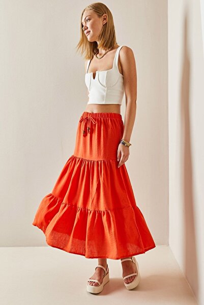 XHAN Orange Flounce Maxi Skirt 3YXK7-47440-11