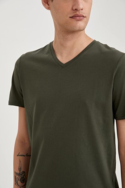 DeFacto Slim Fit V-Neck Basic Χακί Βαμβακερό Χτενισμένο Βαμβακερό T-Shirt