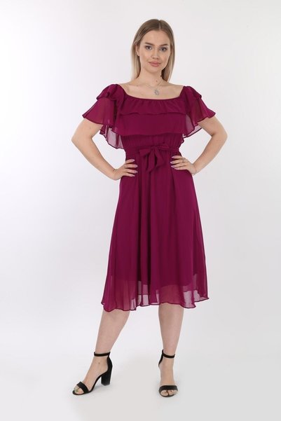 Azra Style Women's Plum Madonna Collar Belted Chiffon Dress