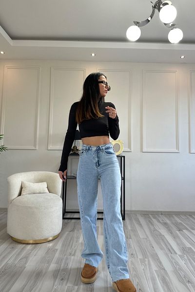 MAKRAS EXCLUSIVE Lisa 90's Snow Wash Blue Lycra Super vysoký pas Volné džíny Palazzo kalhoty