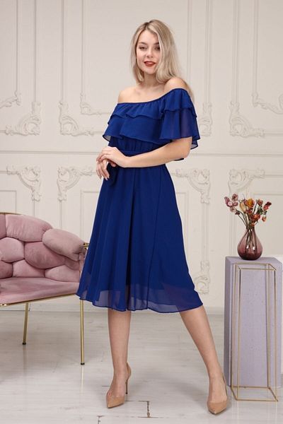Azra Style Rochie de damă din șifon albastru saxa cu guler Carmen