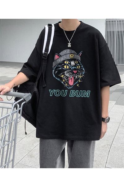 Touz Μπλουζάκι You Bum Cat με εμπριμέ μαύρο Unisex Oversize
